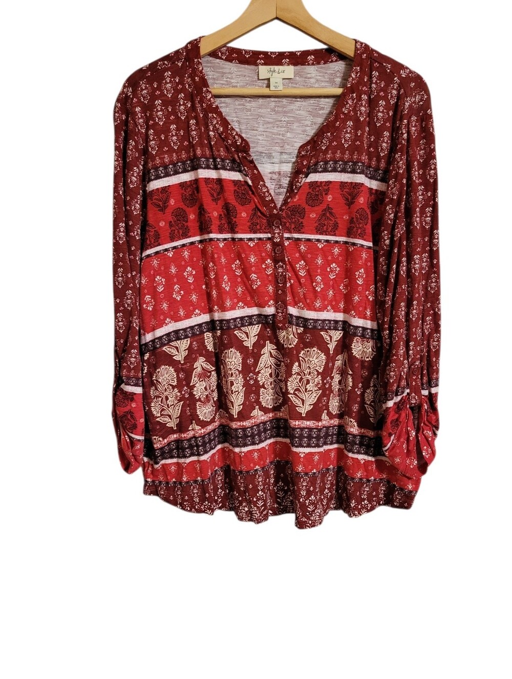 Style & Co Red Boho Patterned Henley Top